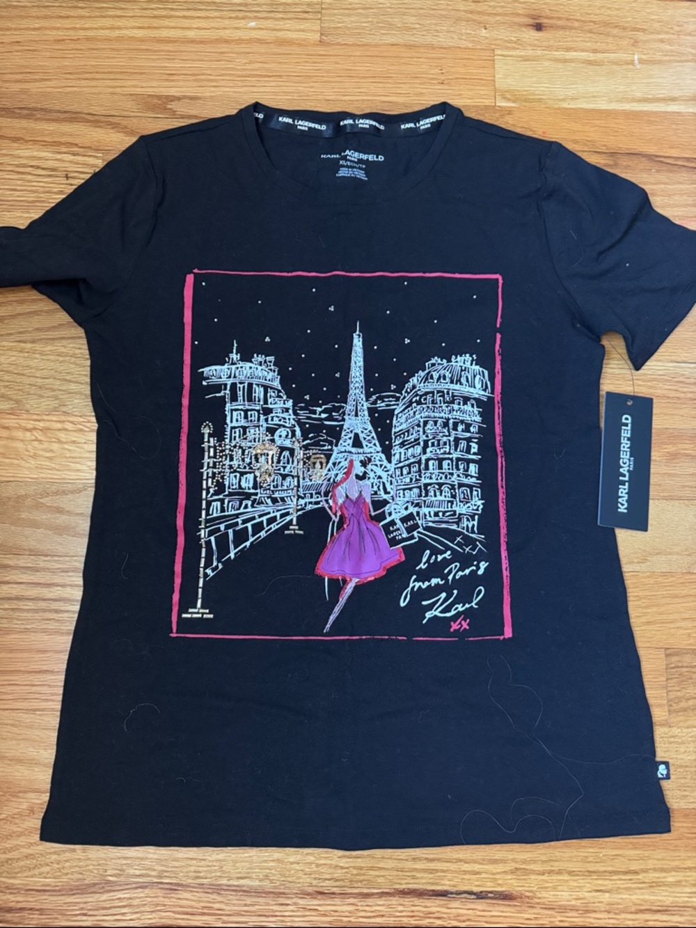 Karl Lagerfeld Black Tee with Pink and White Paris Graphic. New w/tag: size XS